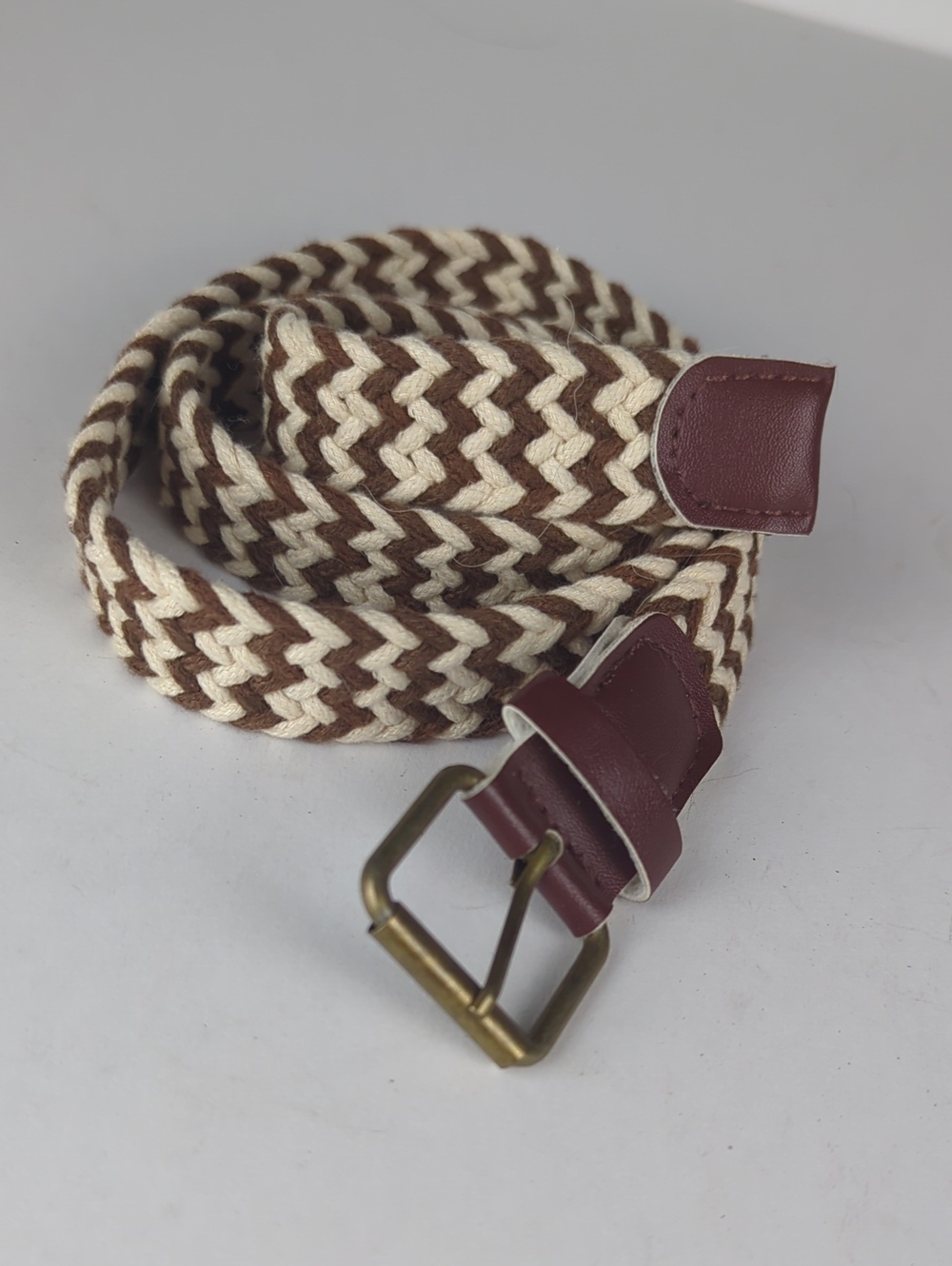 Men's Woven Braided Belt Brown White Chevron